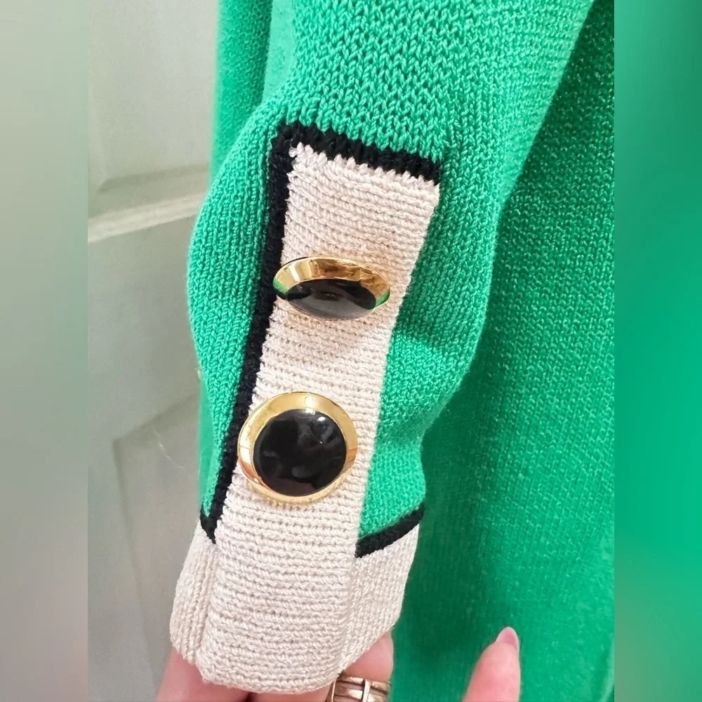 St. John Collection Long Green/Black Gold Buttons Open Front Cardigan Sz L P-38